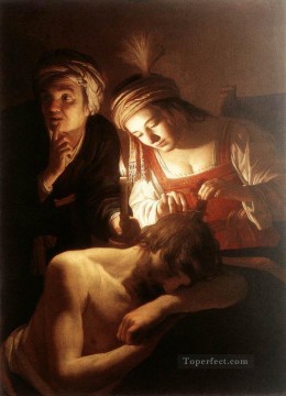 Sansón y Dalila durante la noche a la luz de las velas Gerard van Honthorst Pinturas al óleo